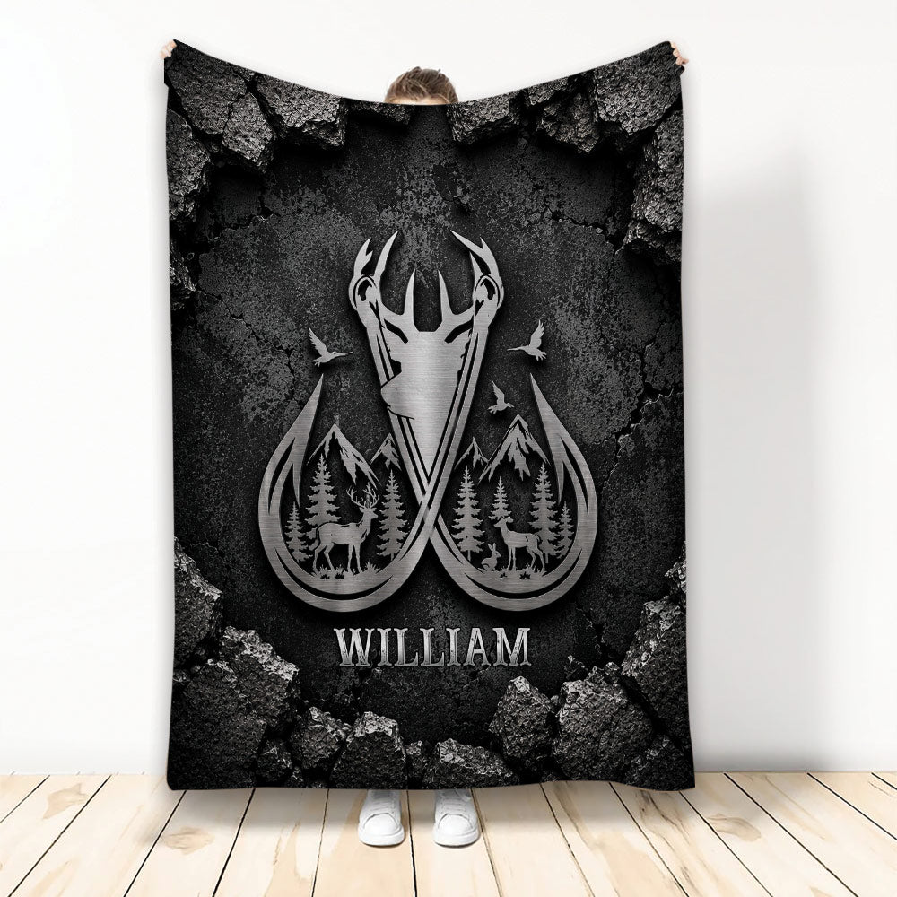 Custom fishing and hunting blanket with crossed fish hooks, deer, pine forest, mountains, birds and custom name on a dark metal design