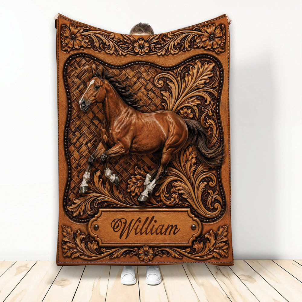 Horse throw blanket with ornate leather-inspired scrollwork, floral accents, and rustic equestrian artwork