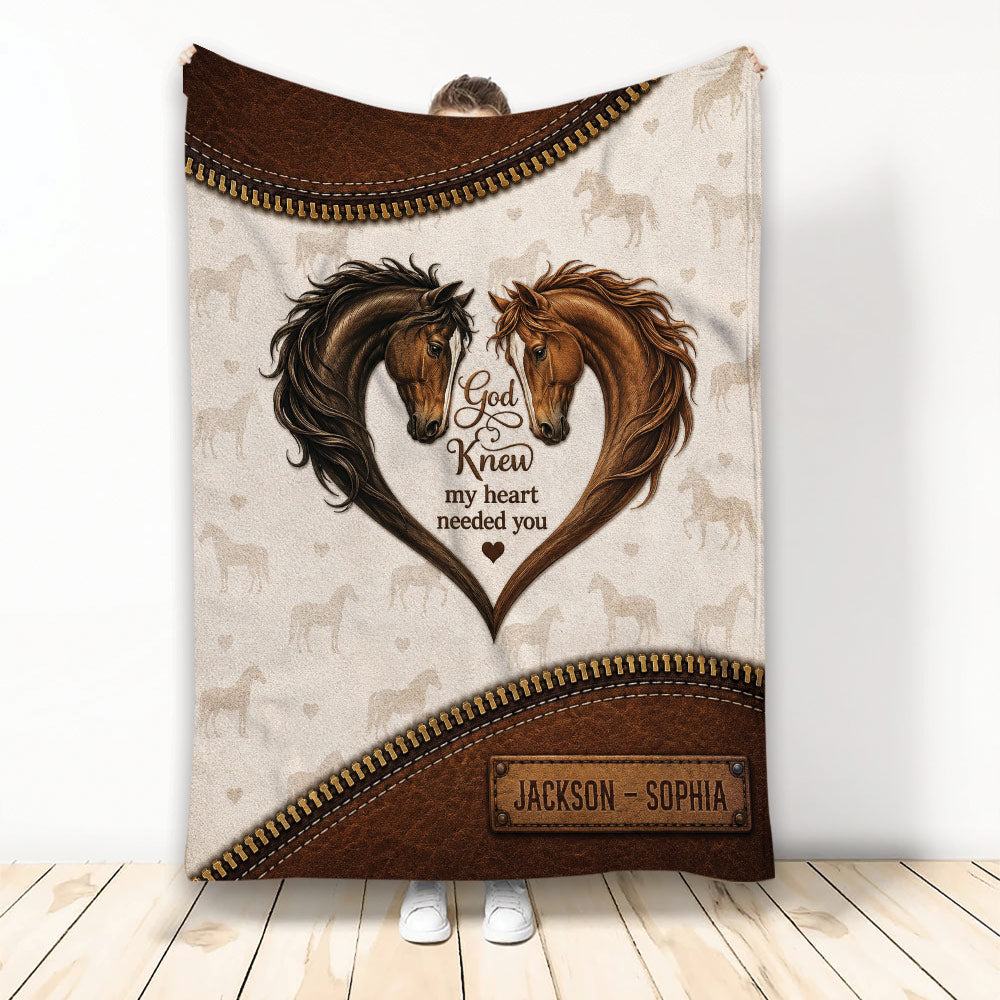 Horse throw blanket displayed upright with two horses forming a heart in rustic brown artwork