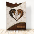 Horse throw blanket displayed upright with two horses forming a heart in rustic brown artwork