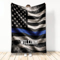 Police throw blanket displayed with a distressed black and white flag, blue line stripe, and star field