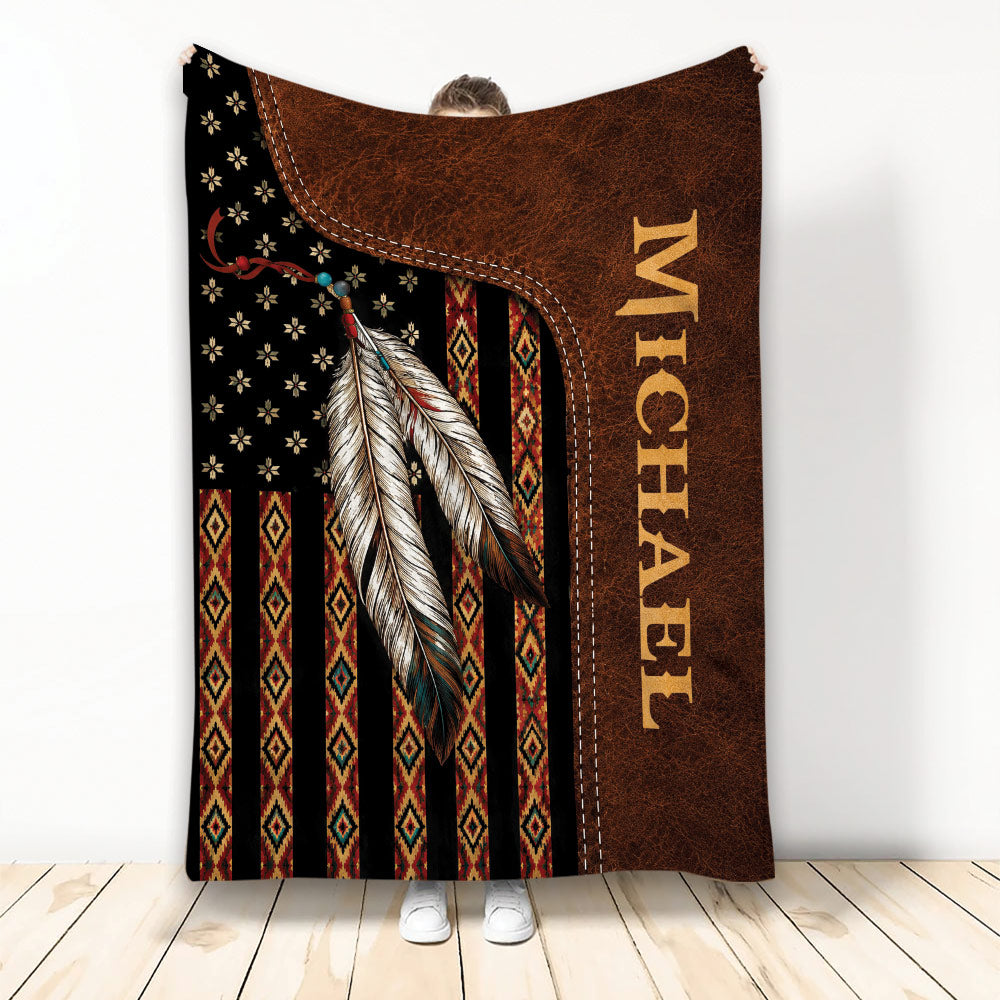 Native American throw blanket with feather artwork, geometric patterns, and rustic brown leather-look design
