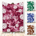 Pink camouflage volleyball throw blanket with repeating volleyball artwork and a central script design