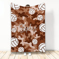 Brown camouflage volleyball throw blanket displayed vertically with repeating volleyball artwork