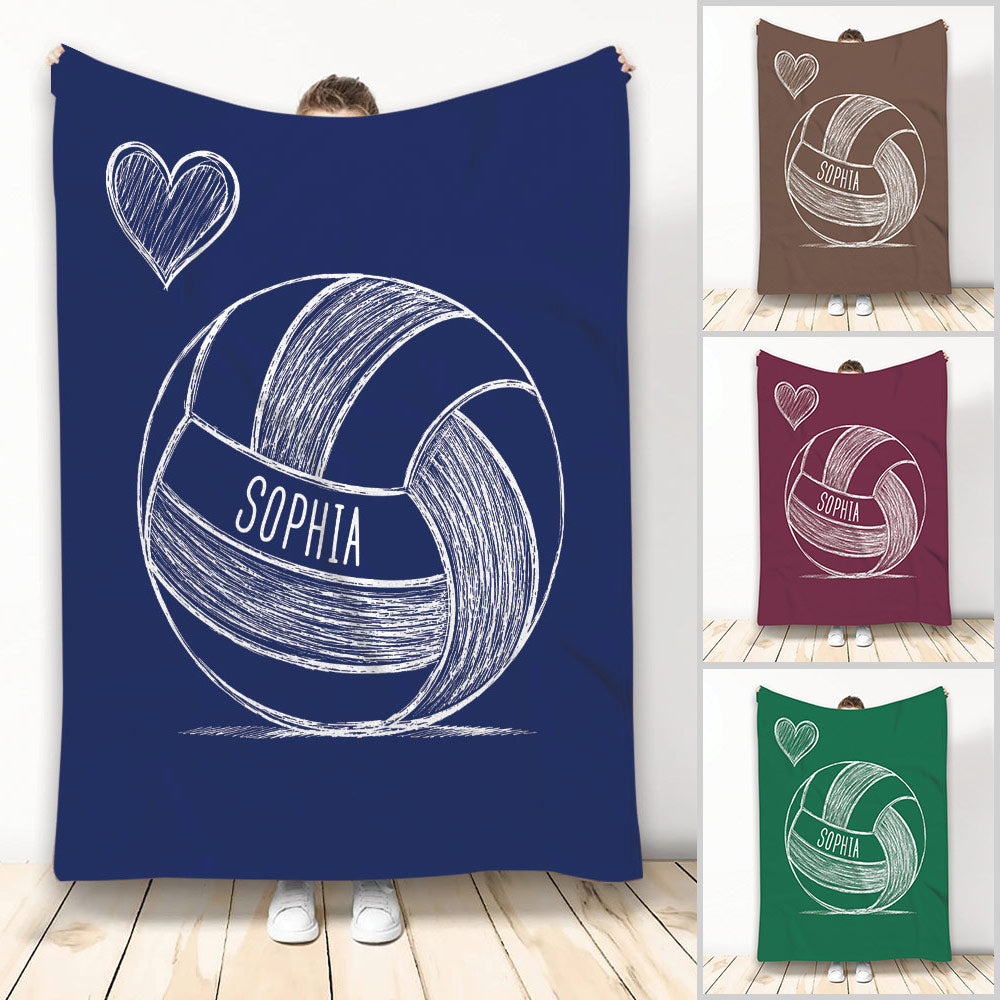 Custom volleyball blanket with hand-drawn volleyball artwork, heart accent, and multiple color options