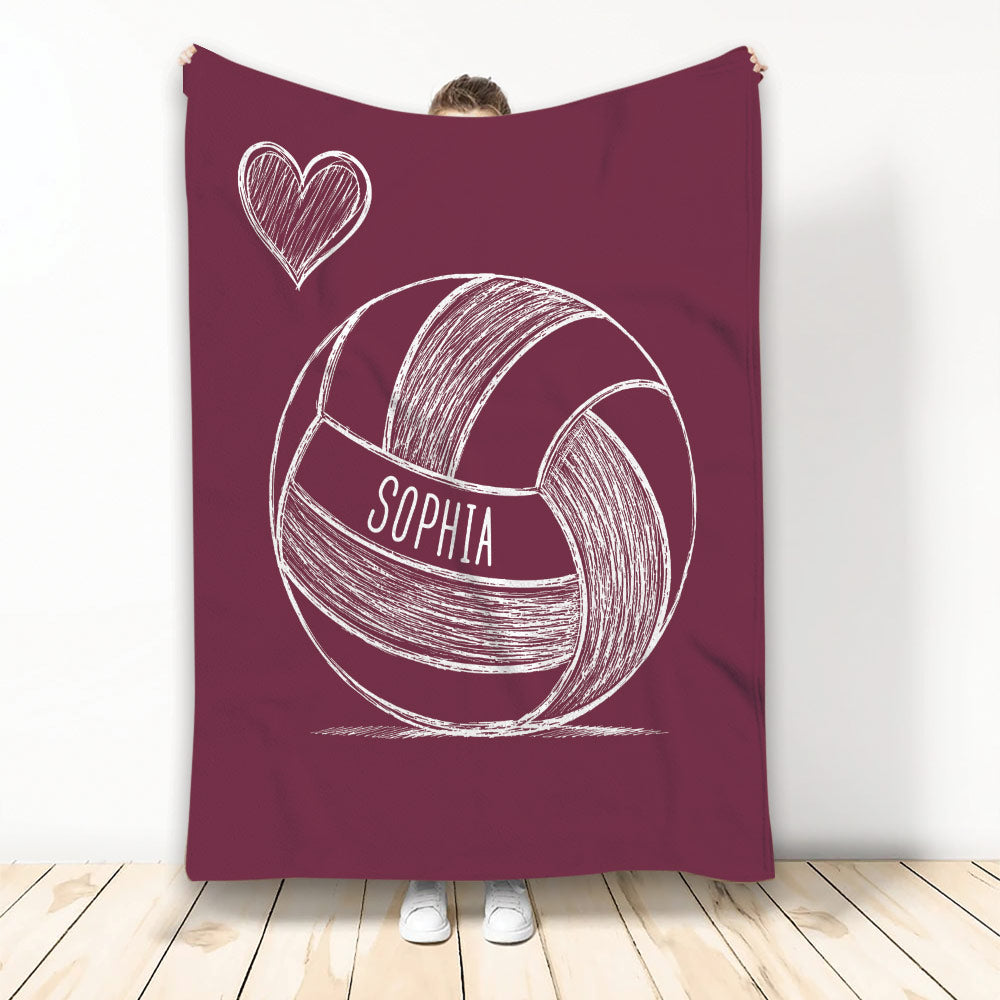 Maroon volleyball blanket featuring a large sketch-style volleyball and heart accent