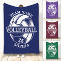 Volleyball throw blanket with bold ball artwork shown in navy, purple, maroon, and green color options