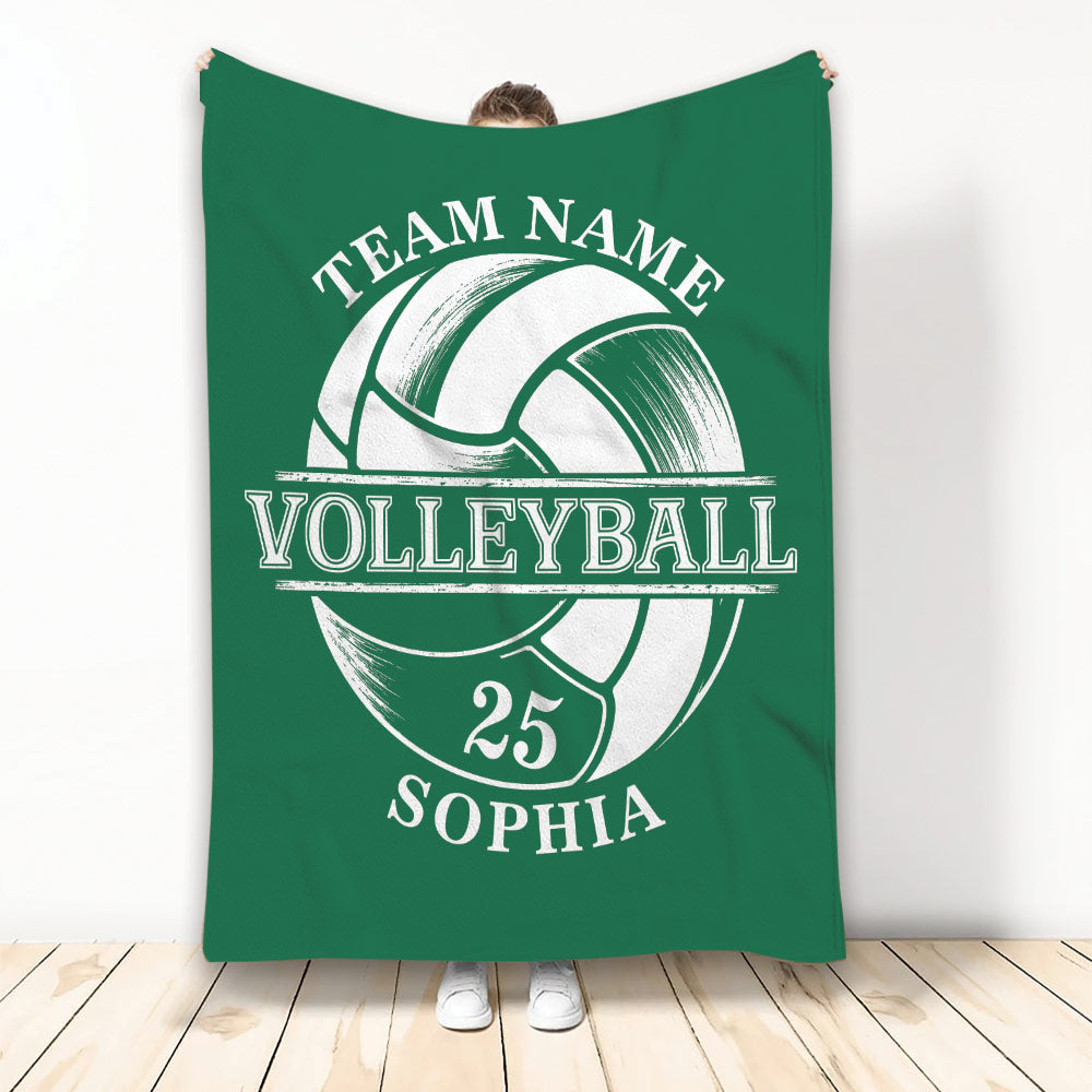 Green volleyball throw blanket displayed vertically with bold white sports artwork