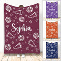 Cheerleading throw blanket display with pom-poms, megaphones, stars, and multiple color options