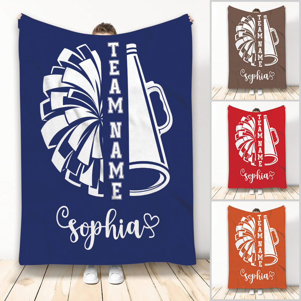 Cheerleading throw blanket with pom-pom and megaphone artwork in multiple color options