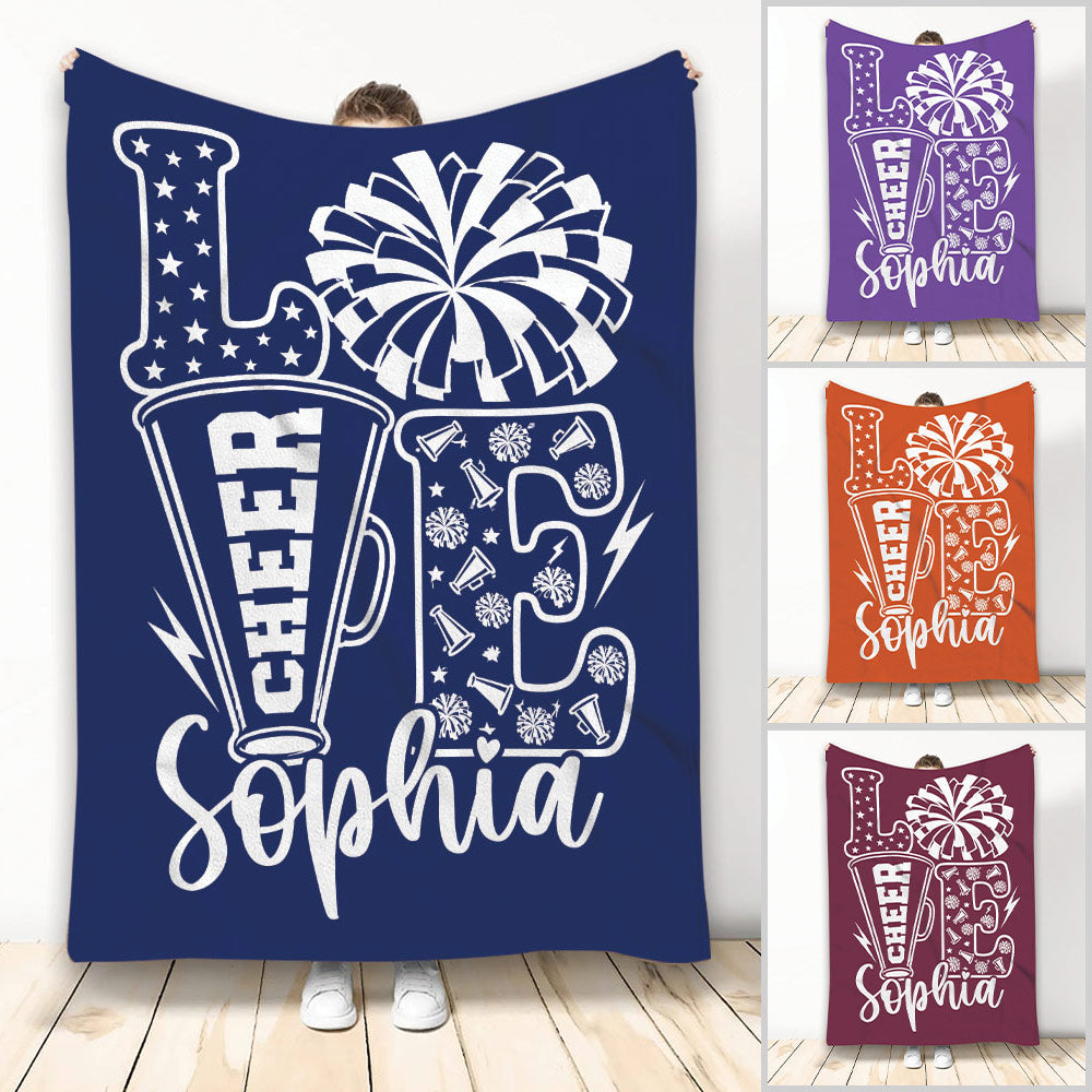 Cheerleading blanket collage showing megaphone, pom-poms, stars and colorful design options