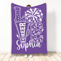 Purple cheerleading blanket featuring a megaphone, pom-poms, stars and energetic sports graphics