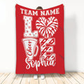 Red cheerleading blanket featuring bold pom-pom, megaphone, star, and cheer design