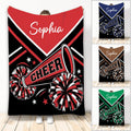 Cheerleading throw blanket with pom-poms, megaphone graphics, bold stripes, stars, and multiple color examples