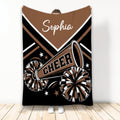 Brown and black cheerleading blanket featuring pom-poms, megaphone artwork, stars, and bold athletic stripes
