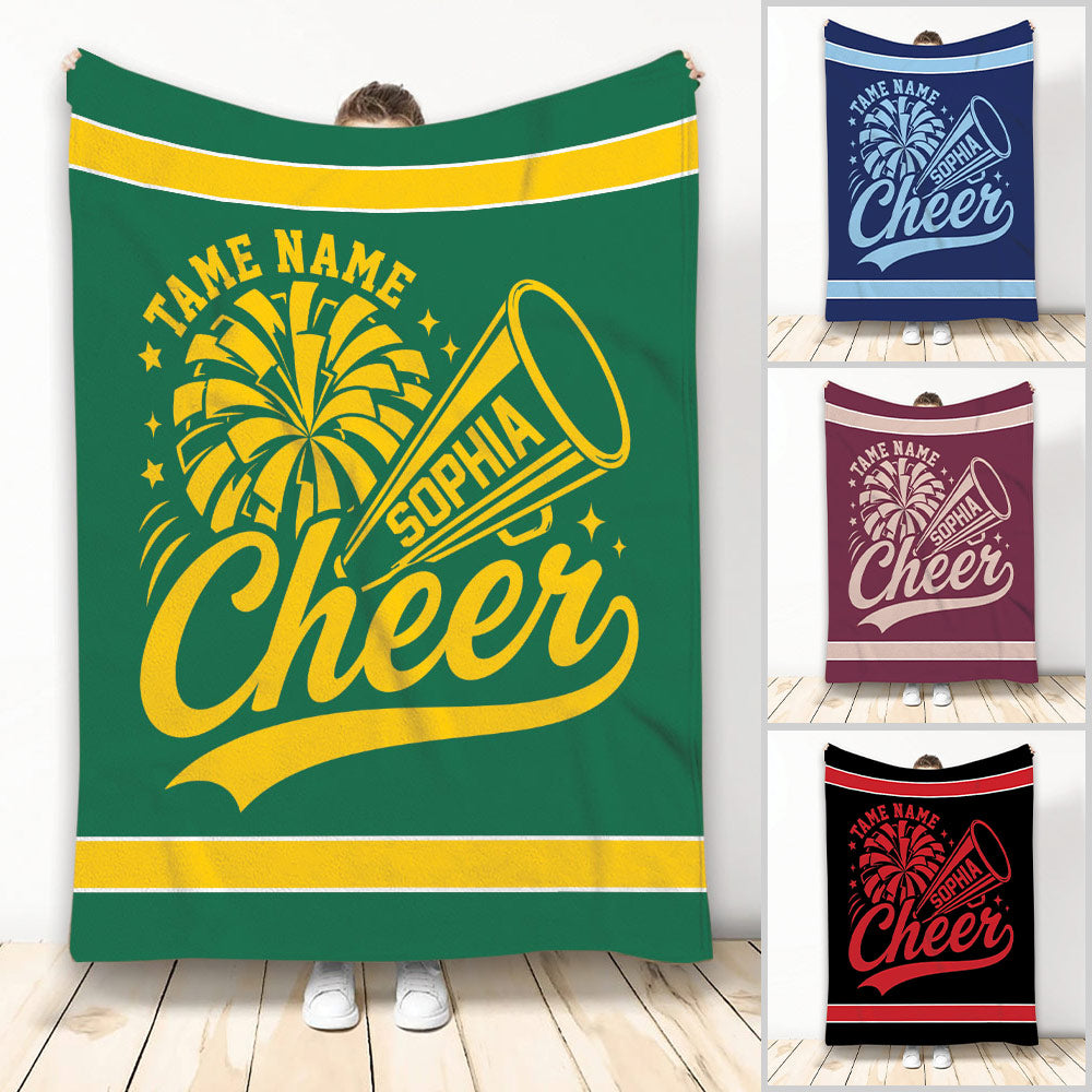 Cheerleading throw blanket featuring a bold megaphone and pom-pom graphic in multiple color options