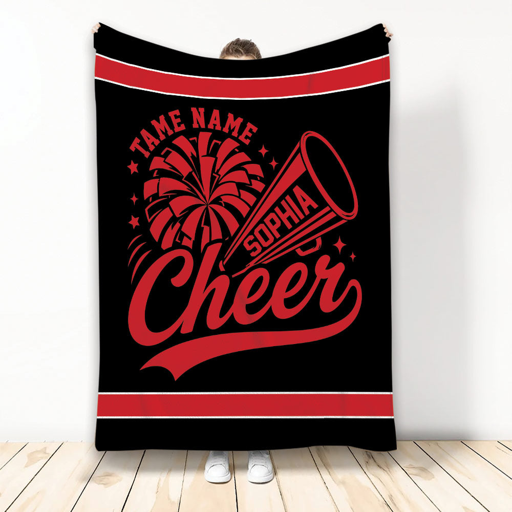 Black and red cheerleading blanket with bold megaphone, pom-pom, stars, and stripe design