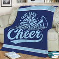 Navy blue cheerleading throw blanket displayed on a sofa with light blue megaphone artwork