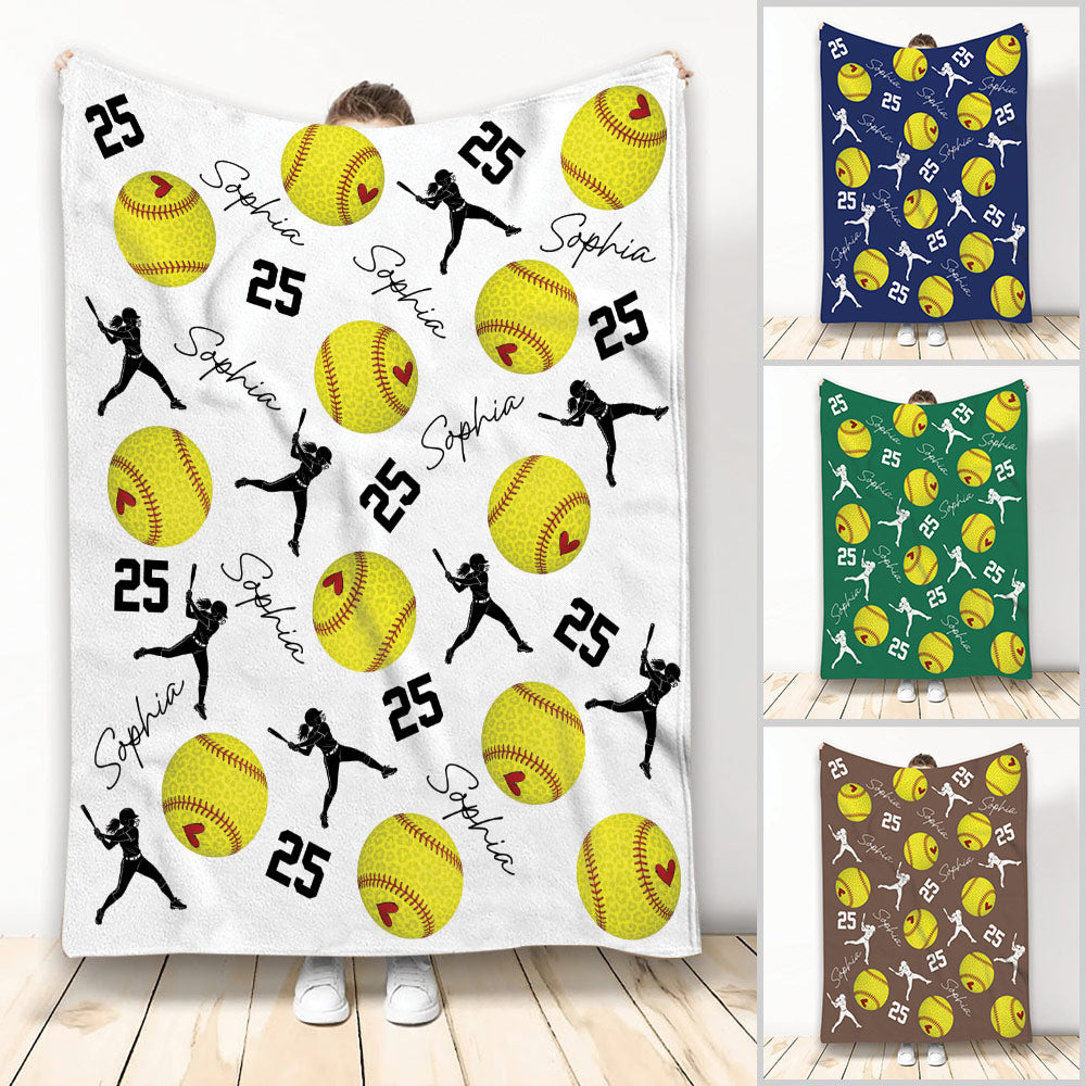 Softball throw blanket with yellow softball artwork, player silhouettes, hearts and varied color designs