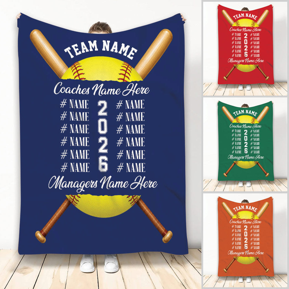 Softball throw blanket with crossed bats, bright softball artwork, and a bold team sports design