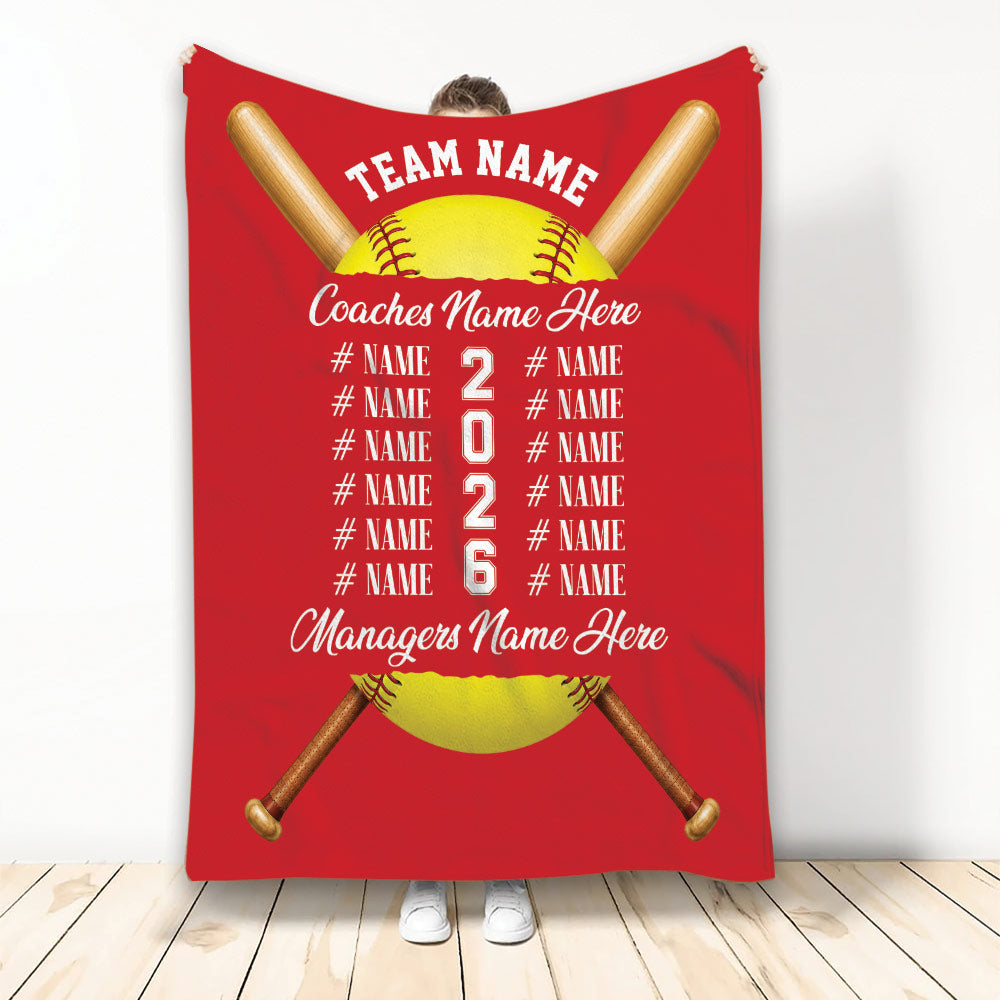 Red softball throw blanket featuring crossed bats, a bright yellow softball, and team celebration artwork