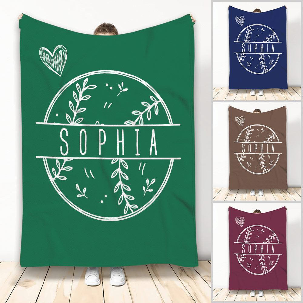Custom softball blanket with name, hand-drawn heart, botanical split monogram frame and multiple background color options