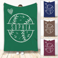 Custom softball blanket with name, hand-drawn heart, botanical split monogram frame and multiple background color options