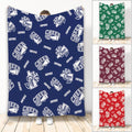 Cheerleading throw blanket with repeating megaphone and pom-pom artwork in navy blue