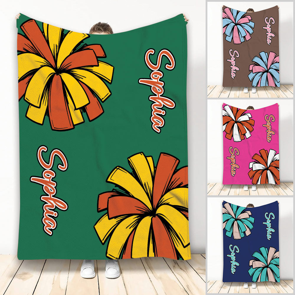 Cheerleading throw blanket with colorful pom-pom artwork in green, orange, and yellow