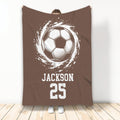 Brown soccer throw blanket featuring a vintage-style ball illustration and bold athletic artwork