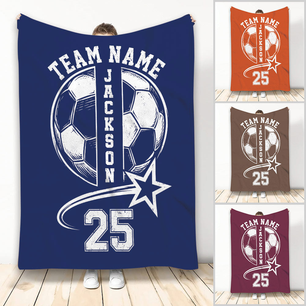 Blue soccer throw blanket with vintage soccer ball artwork, star accent, and bold team-style graphic