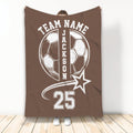 Brown soccer throw blanket displayed vertically with vintage soccer ball and star artwork
