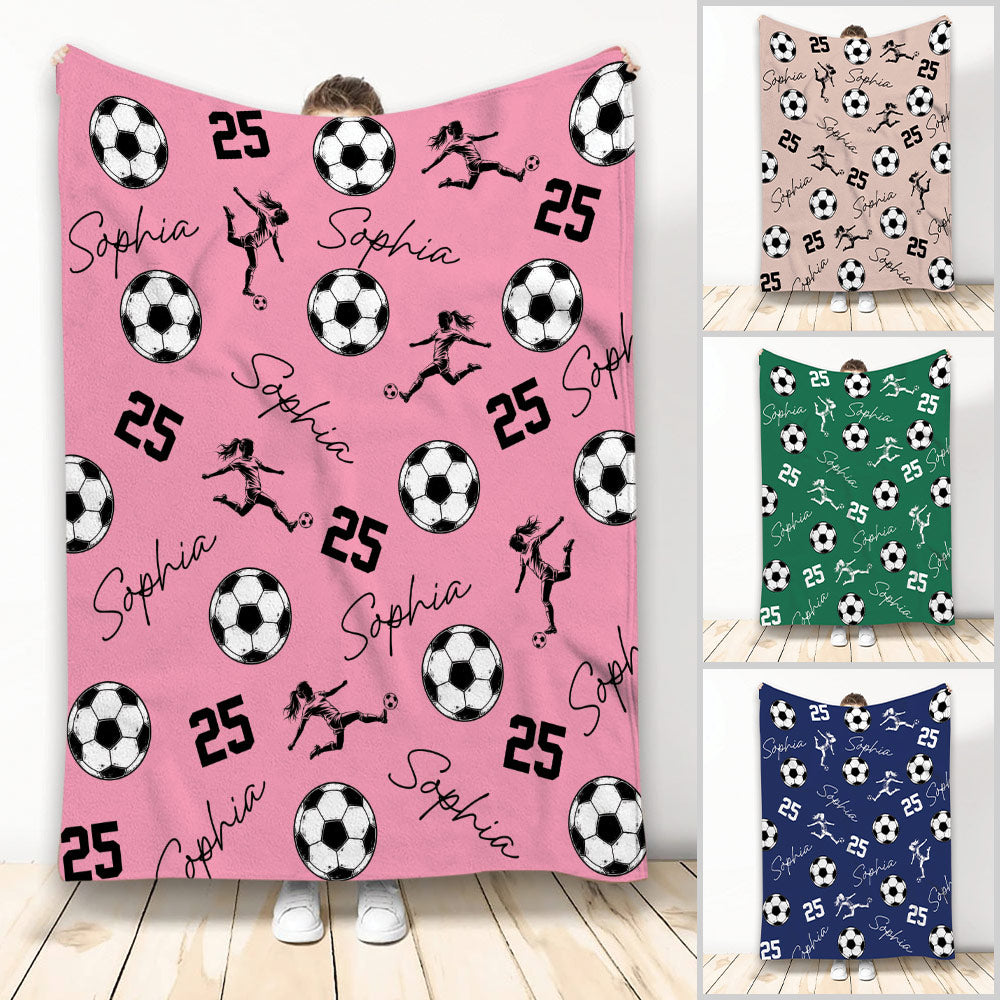 Pink soccer blanket featuring soccer balls, female player silhouettes, bold sports numbers, and repeating custom artwork