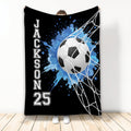 Black soccer throw blanket featuring a ball caught in a goal net and vivid blue splash artwork