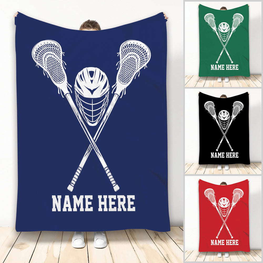 Lacrosse throw blanket featuring crossed sticks and a helmet design in multiple color options