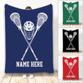 Lacrosse throw blanket featuring crossed sticks and a helmet design in multiple color options