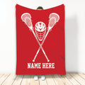 Red lacrosse blanket featuring white crossed sticks and protective helmet artwork