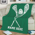 Green lacrosse throw blanket draped over a sofa with bold white sports artwork