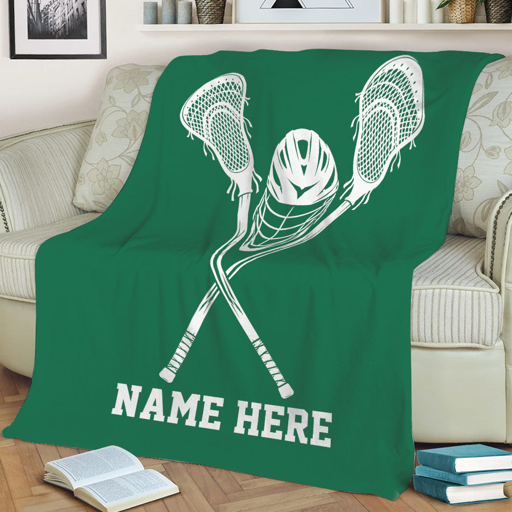 Green lacrosse throw blanket draped over a sofa with bold white sports artwork