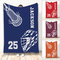 Lacrosse throw blanket with helmet and stick artwork in multiple color options