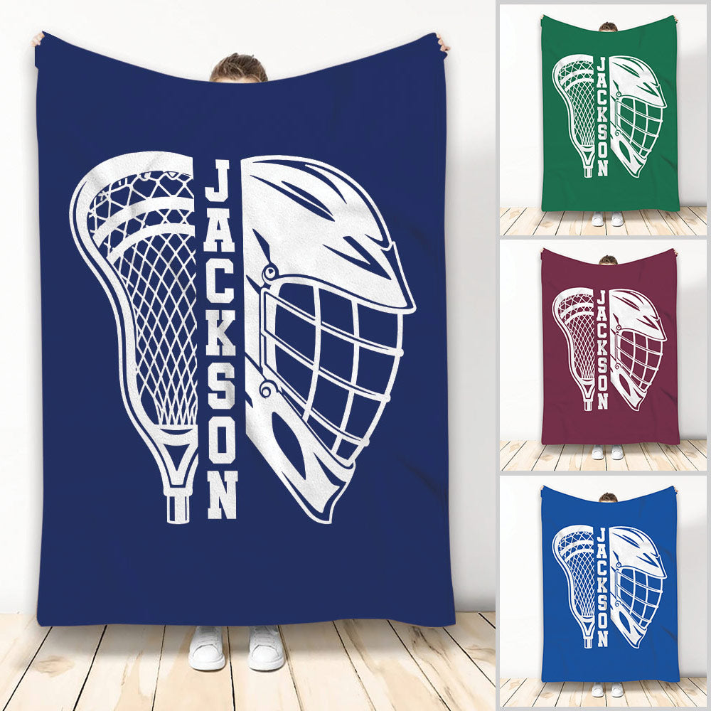 Lacrosse throw blanket displayed in blue, green, maroon, and royal blue color variations