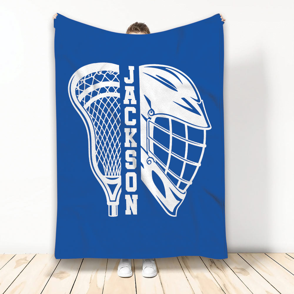 Blue lacrosse throw blanket displayed vertically with white lacrosse stick and helmet design