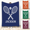 Custom tennis blanket with crossed racquets and tennis ball design shown in multiple color options