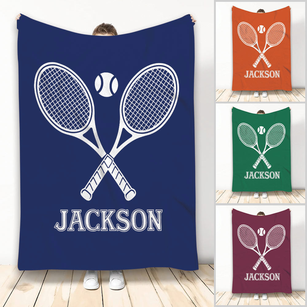 Custom tennis blanket with crossed racquets and tennis ball design shown in multiple color options
