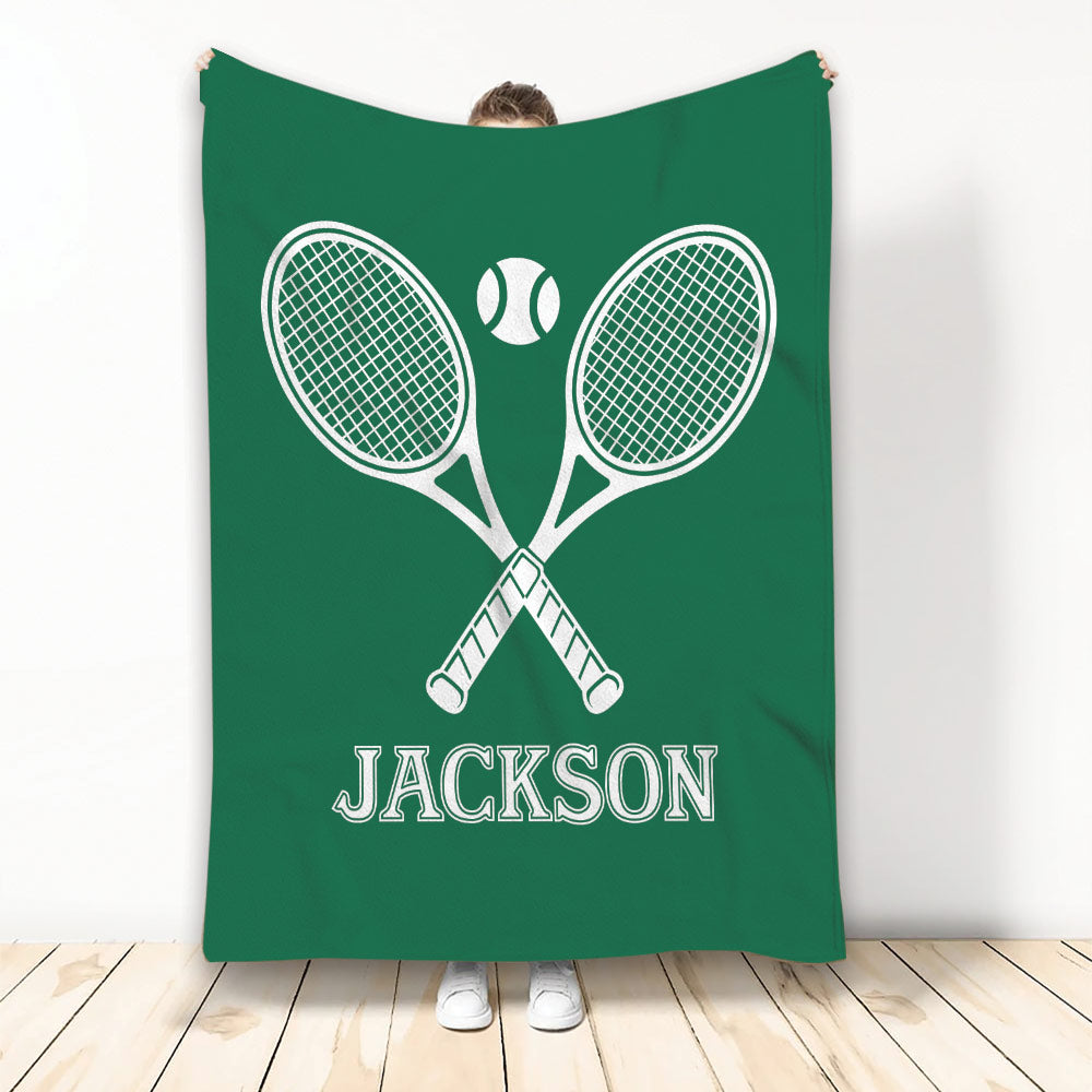 Green tennis throw blanket with white crossed racquets and tennis ball sports artwork