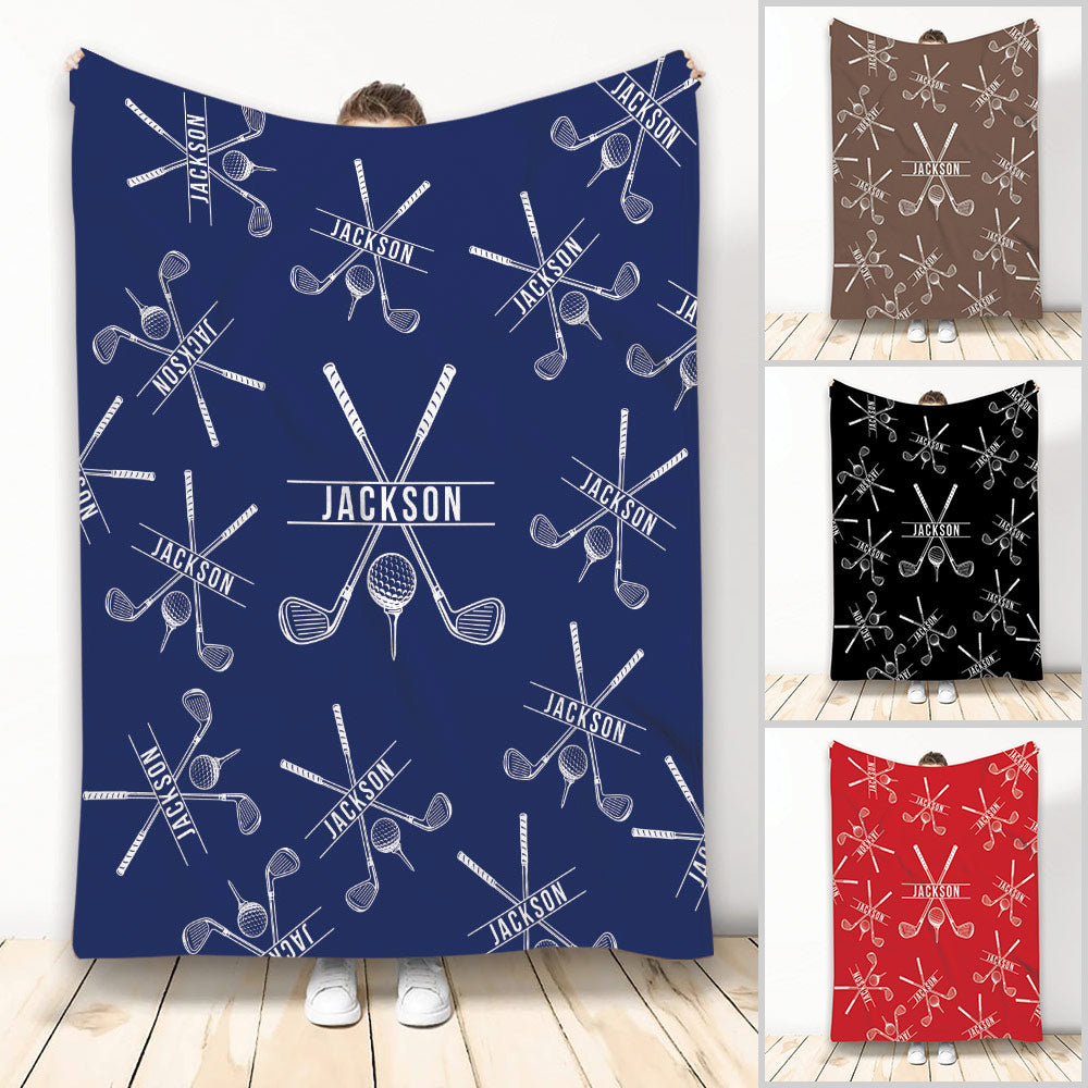 Custom golf blanket displayed in blue with crossed golf clubs and golf ball artwork in multiple color options