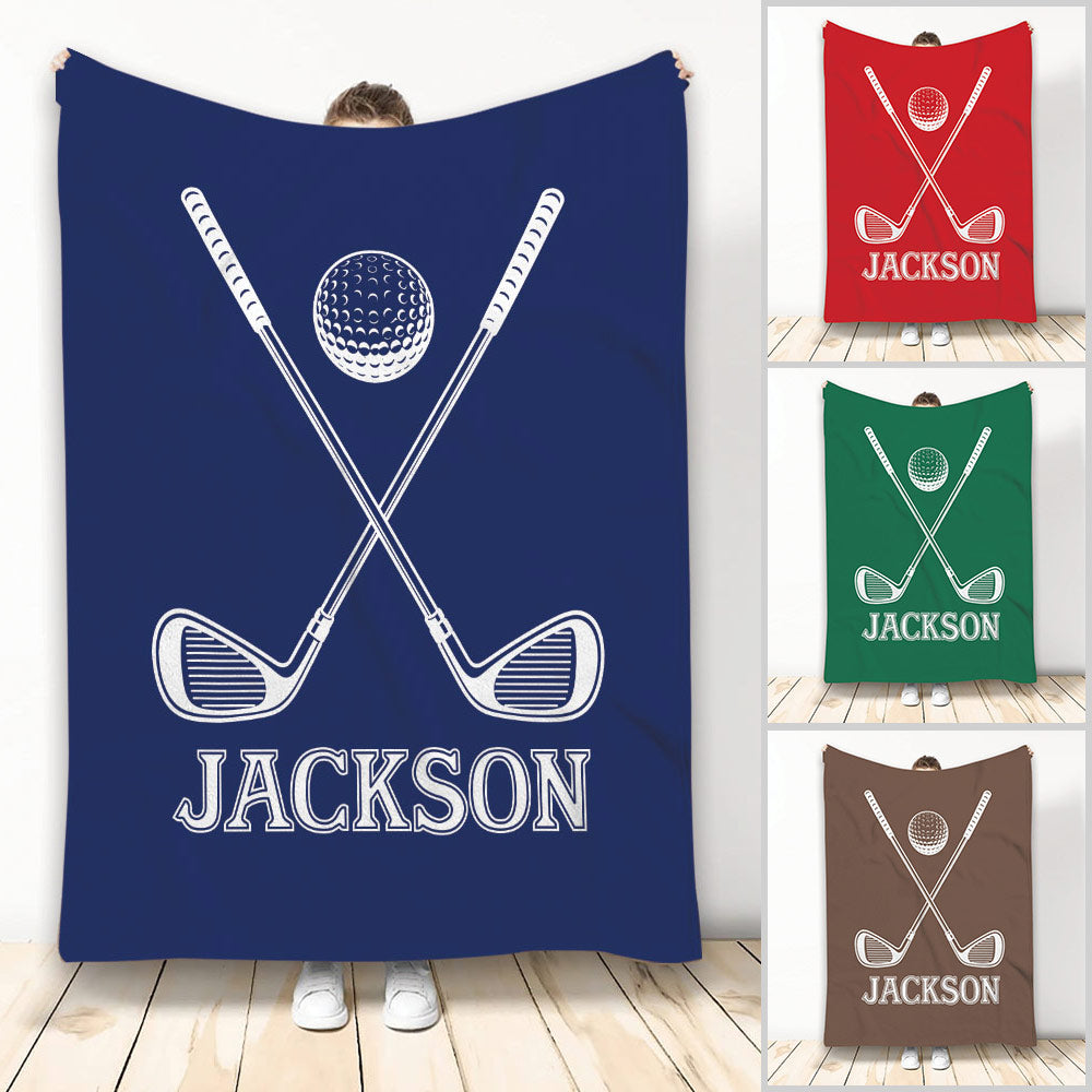 Golf throw blanket featuring crossed golf clubs, a golf ball, and bold color variations