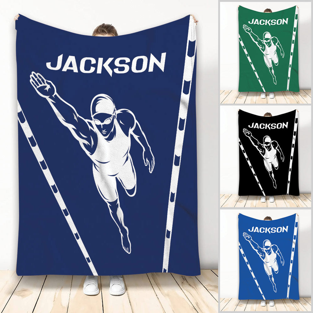 Blue swimming throw blanket featuring a dynamic swimmer illustration and lane-style border