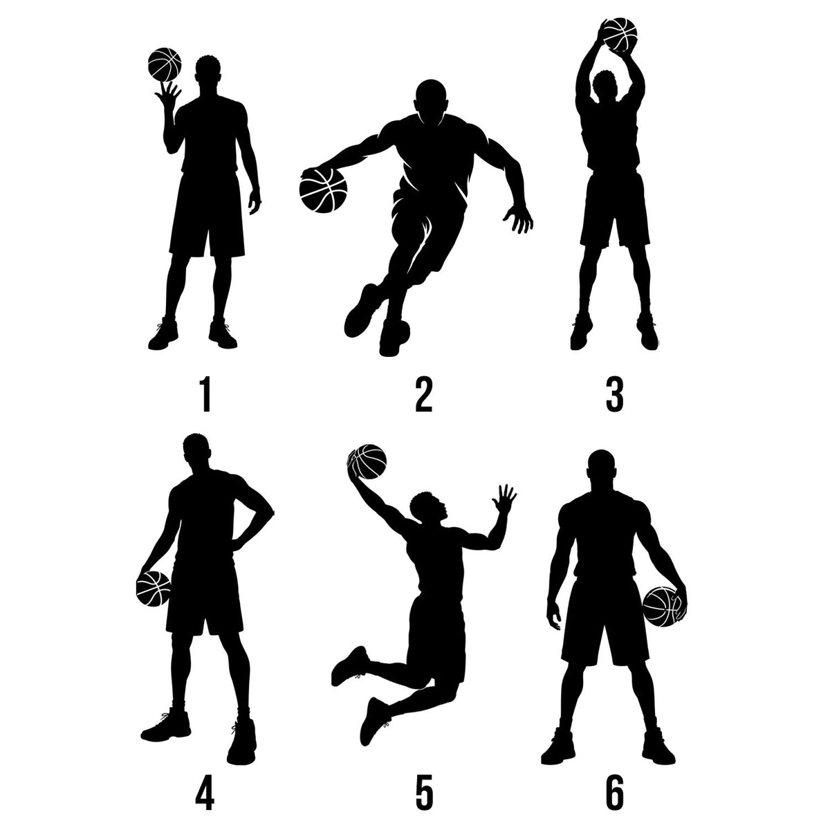 Basketball artwork style selection guide featuring six player silhouettes in different basketball poses