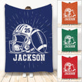 Football blanket featuring a helmet and football artwork in navy, orange, green, and red color options